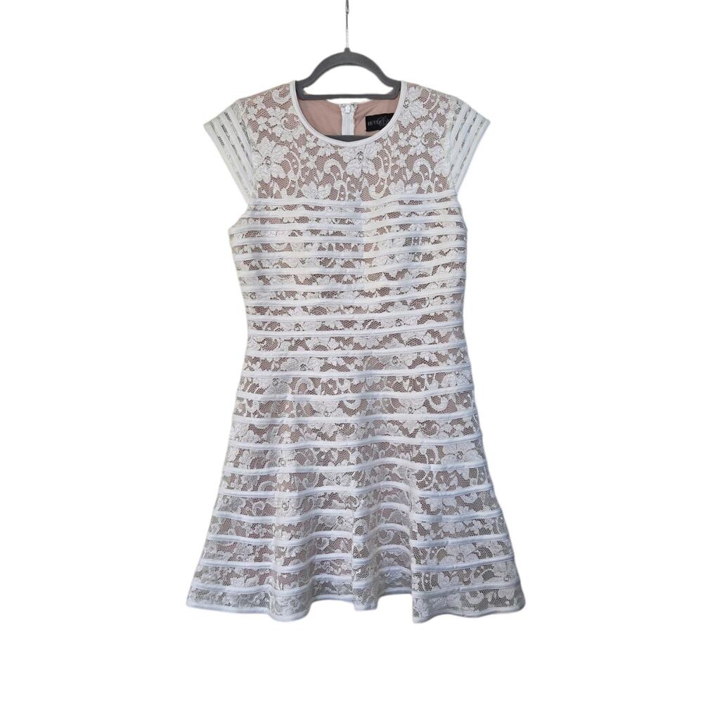 Betsy & Adam White Lace Illusion Fit & Flare Striped Mini Dress, 12P Petite